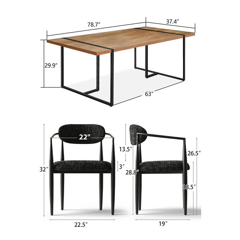 7-Piece Modern Industrial Rectangular Dining Table Set For 6, Black