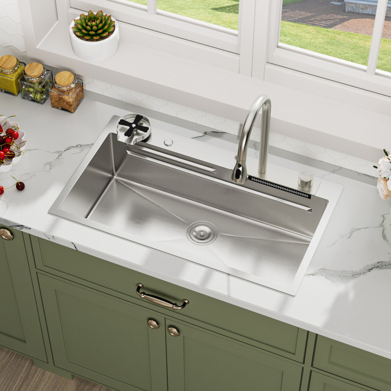 Waterfall Kitchen Sink 33"L x 22"W Drop-in Stainless Steel Kitchen Sink with Pull-Down Faucet, Brushed Nickel