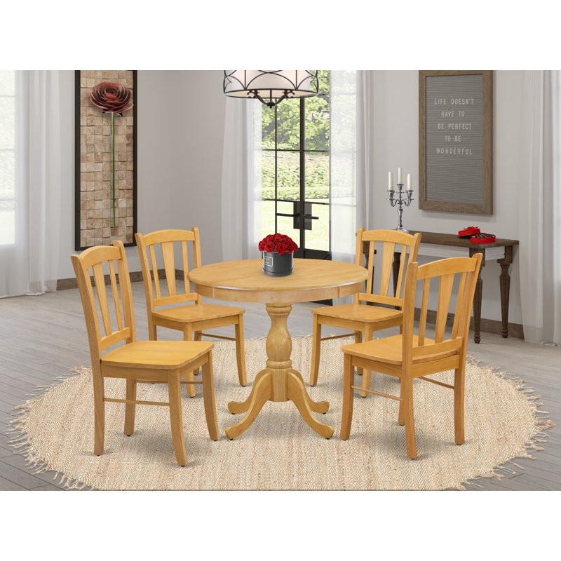 Ensemble de coin repas 5 pièces pour 4 personnes comprenant une table de cuisine ronde avec piédestal et 4 chaises de salle à manger, chêne
