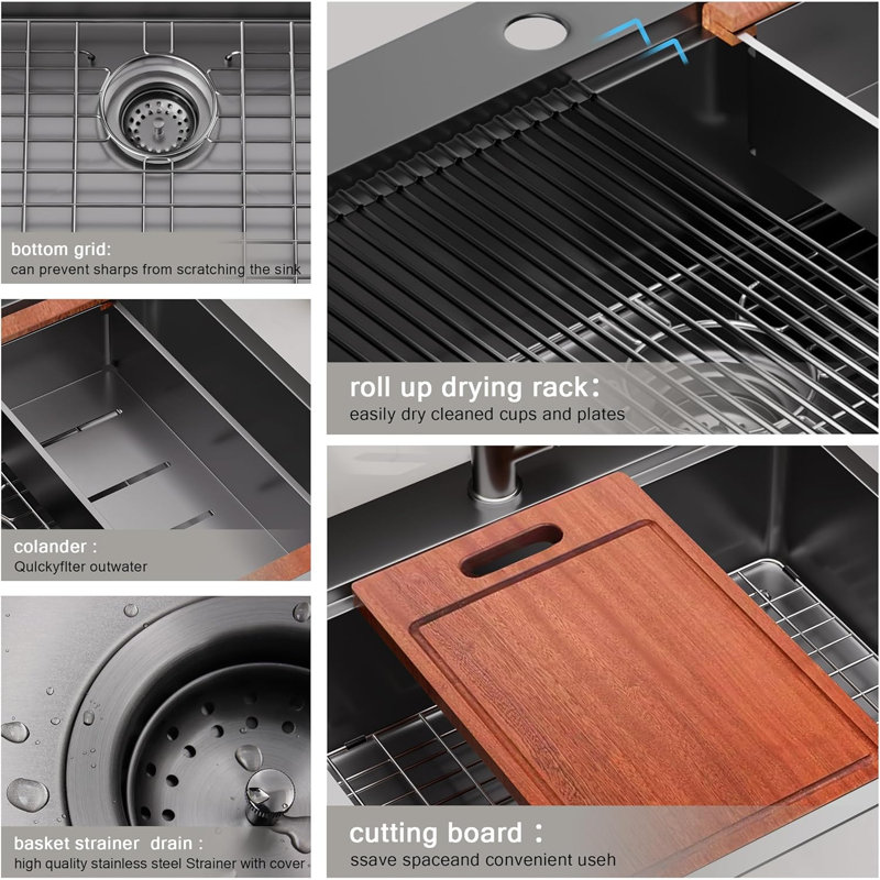 Évier de cuisine à cuve simple encastrable en acier inoxydable de calibre 16 noir 33 pouces avec accessoires | Idée de cadeau