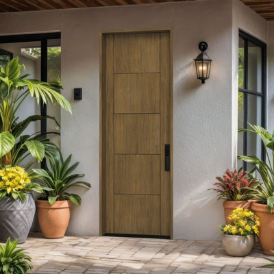 FRAME-BQ-96 | Porte simple 96 po, extérieur pré-suspendu RTA, panneau affleurant moderne, bois d'acajou brut