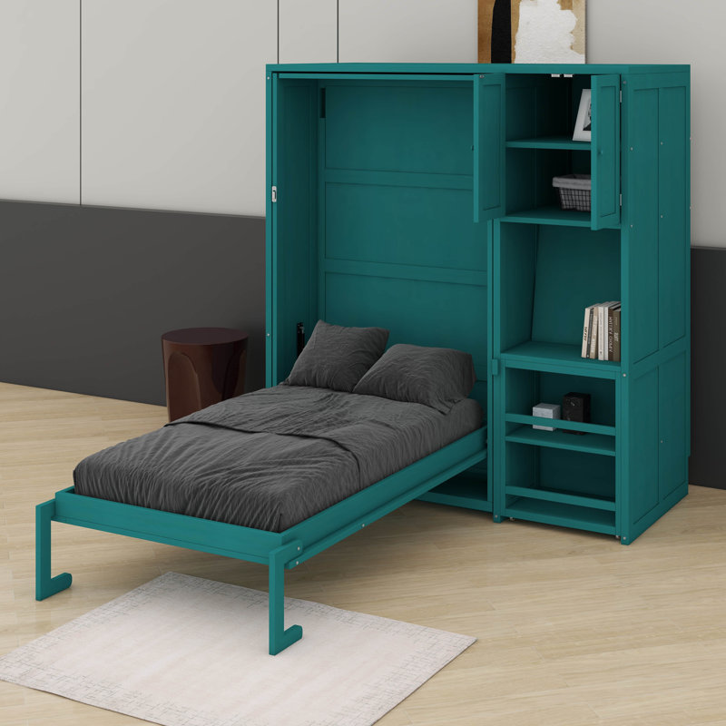 Lit escamotable mural simple avec bibliothèque, armoire supérieure, bureau extensible et rangement latéral, Sarcelle