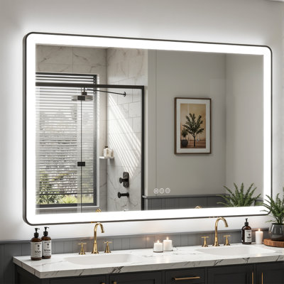 Lunara Independent Dual Backlit&Front Lights LED Wall Mirror, Rounded Corner Matte Black Metal Framed Bathroom Mirror with Tempered Glass