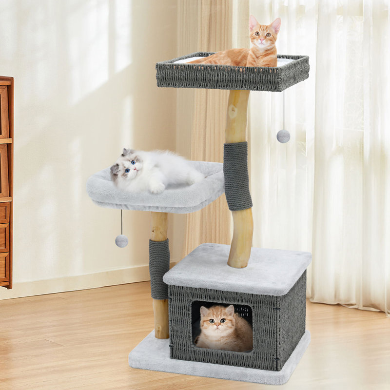Tour d'arbre à chat en bois véritable de 39 pouces pour chats d'intérieur, tour d'escalade en bois avec poteau à griffes et lit