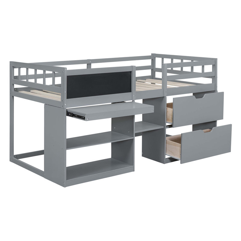Twin Size Low Loft Bed with Rolling Desk, Shelf and Drawers - Grey