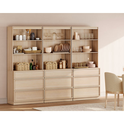72" Tall 94.5" Wide Wood Sideboard Buffet with 9 Drawers & Open Shelves for Dining Kitchen
