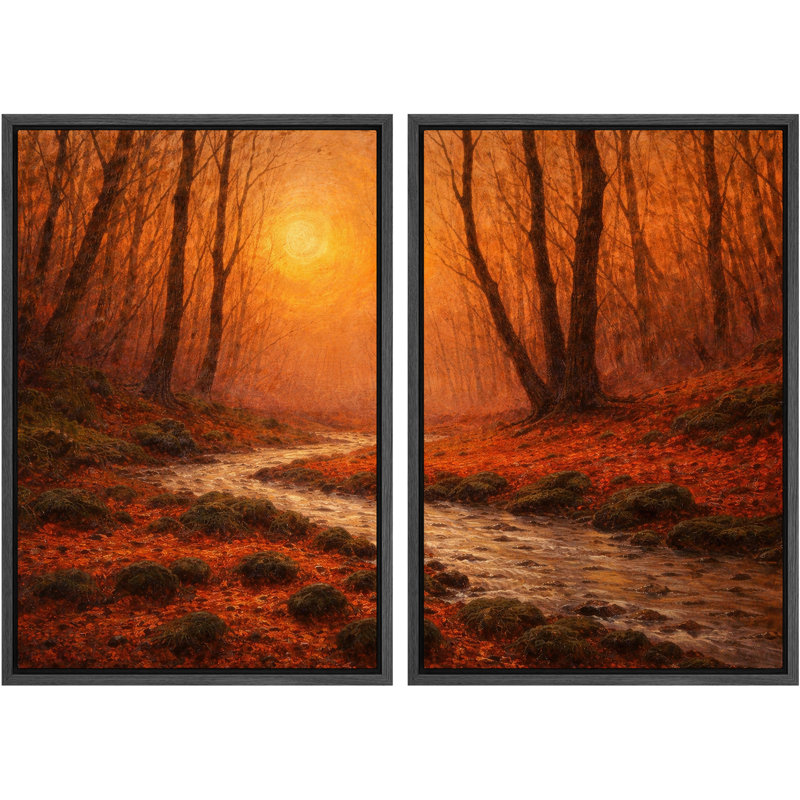 «Autumn Forest Path with Warm Sunset Light», reproduction d'art sur toile encadrée pour chambre principale, 2 pièces, Noir