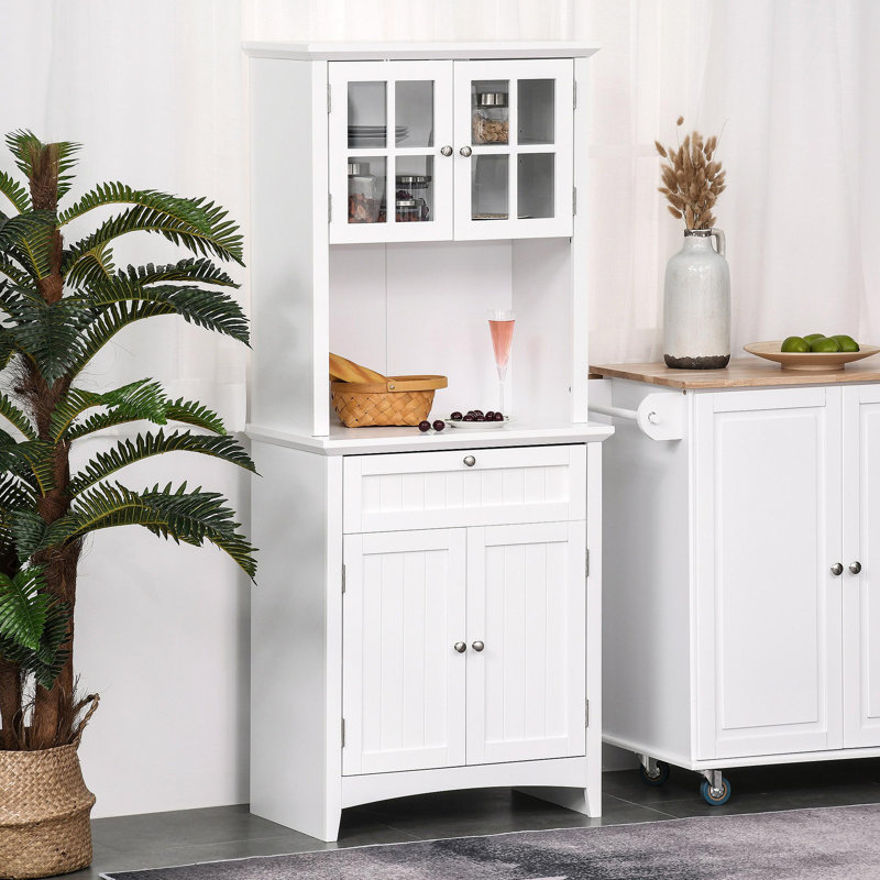 Élégant buffet avec huche, armoire de rangement pour garde-manger avec porte en verre encadrée et espace pour micro-ondes, blanc
