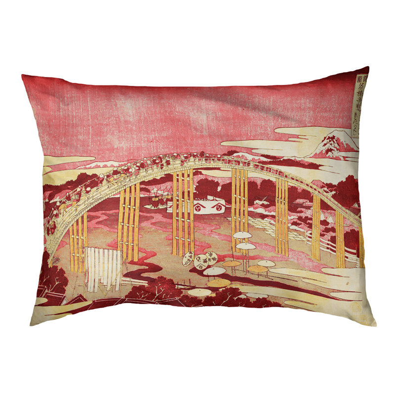 Coussin de conception japonaise bridge Burkart, L 42 po x l 52 po, Rouge / Orange / Noir