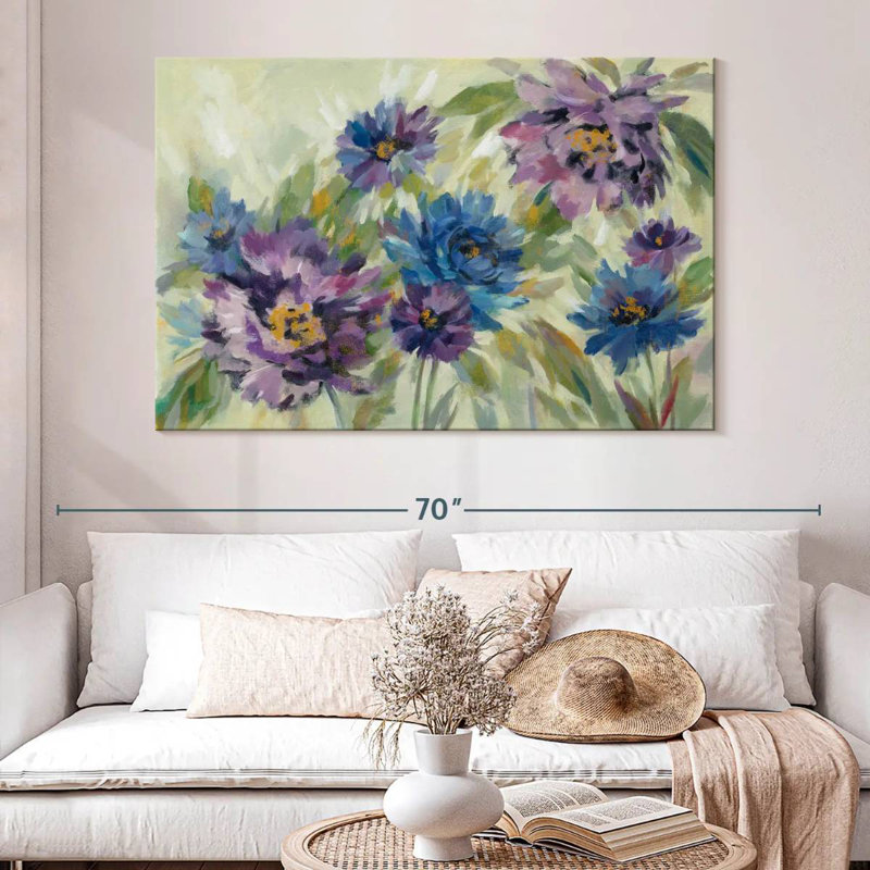 Harnek bleu vif et fleurs de lavande, H 34 po x l 51 po