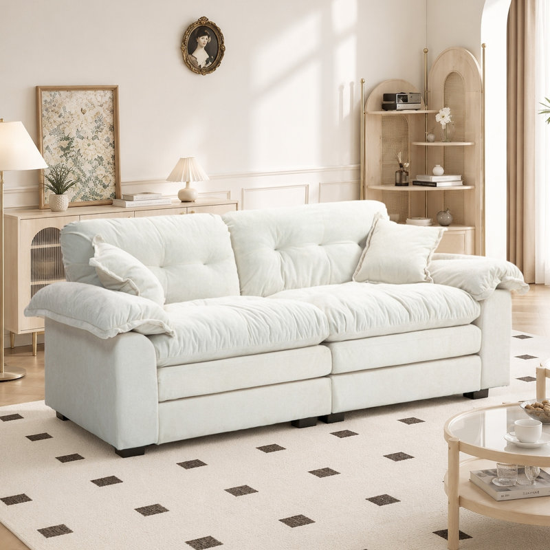Geneveve 84" Chenille Upholstered Pillow-Top Arm Loveseat Sofa with Memory Foam Cushions and Pocketed Coil Springs, Beige