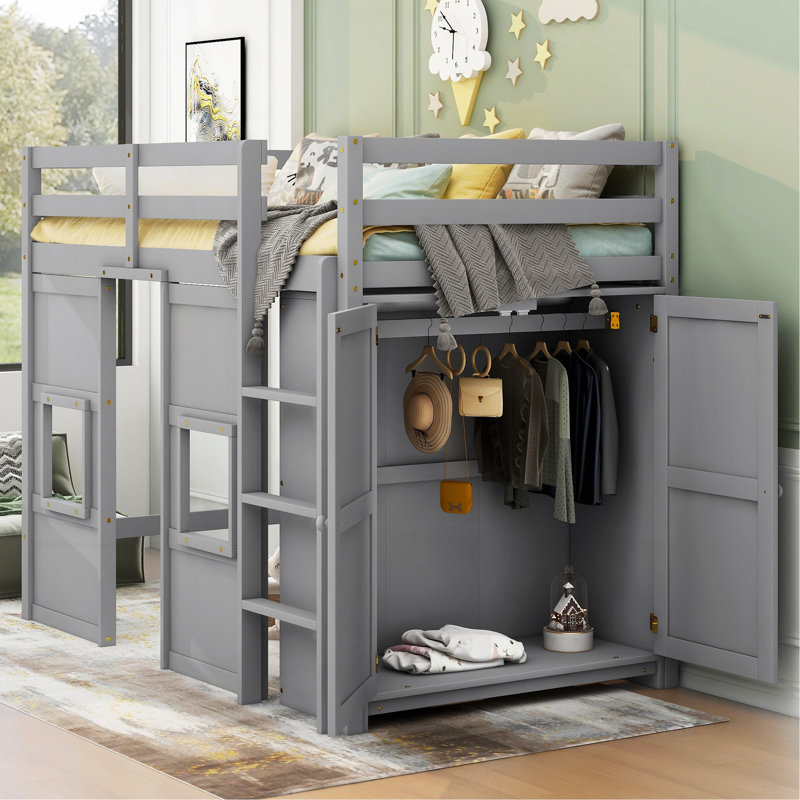Lit mezzanine en bois avec garde-robe de rangement intégré et 2 fenêtres, Gris