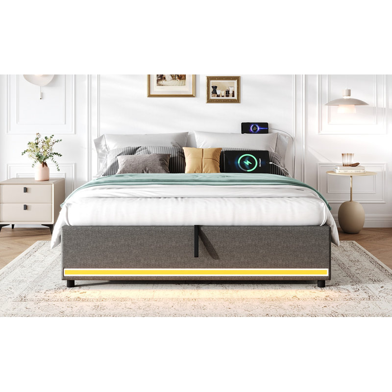 Hydraulic Storage Bed Frame, Grey No Headboard Linen Bed With App Control Led Lights, Side Charging Station & Side Pockets, Metal-wood Support, No Box Spring Needed