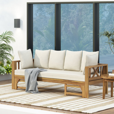 Lit de jour de terrasse en bois - Coussin imperméable pour se détendre à l'extérieur, style rustique, fabriqué en tissu imperméable