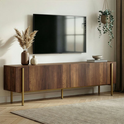 Modern TV Stand with Metal Legs, Barok Walnut Gold, 70.9 x 11.8 x 17.7 inches | 100% Melamine Coated Particle Board, Durable & Stylish Design