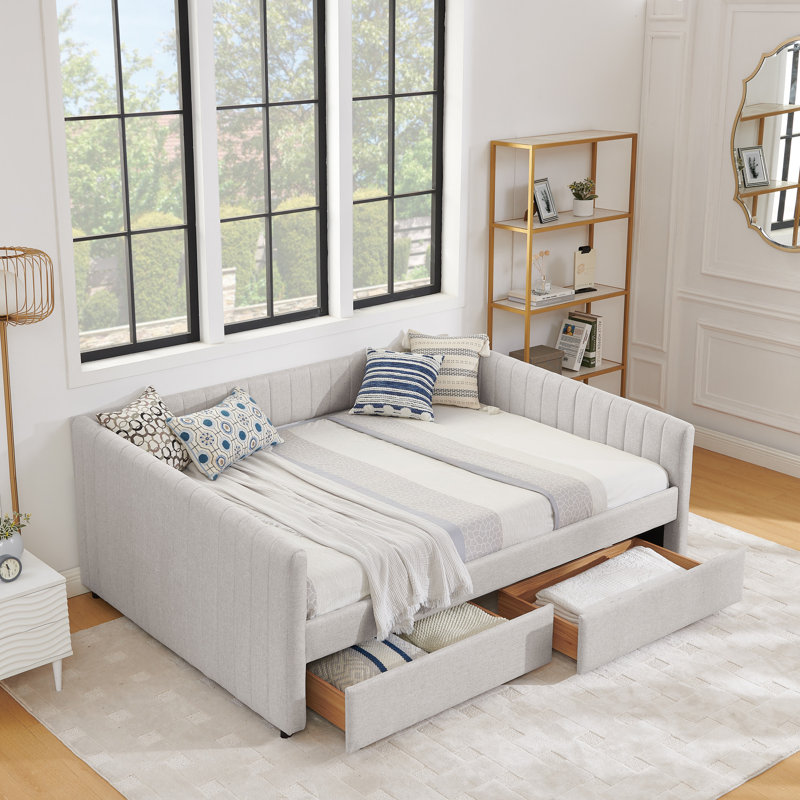 Daybed With Two Drawers Trundle Upholstered Sofa Bed, With Vertical Stripes, Linen Fabric, Beige