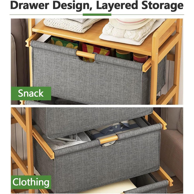 3 Fabric Drawer Bins Bamboo Storage Shelf with Removable Hamper Bags