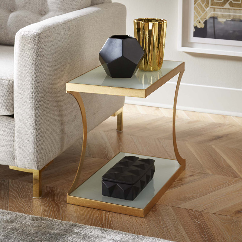 Oxendine Glass Top End Table, Gold/White