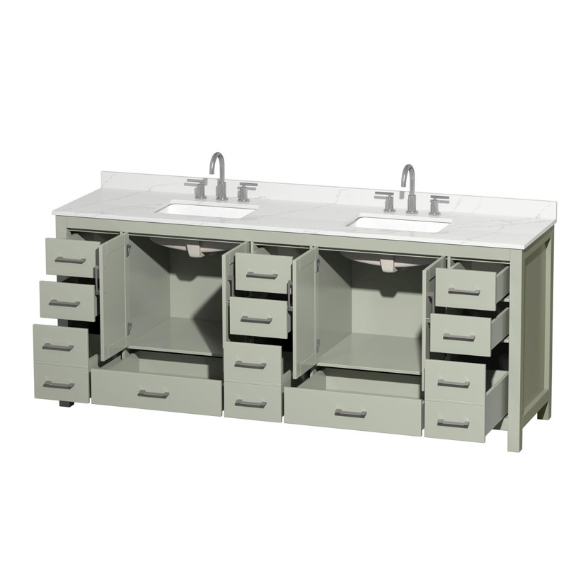 Meuble-lavabo double autoportant de 84 po avec plateau en quartz Sheffield, Quartz Giotto