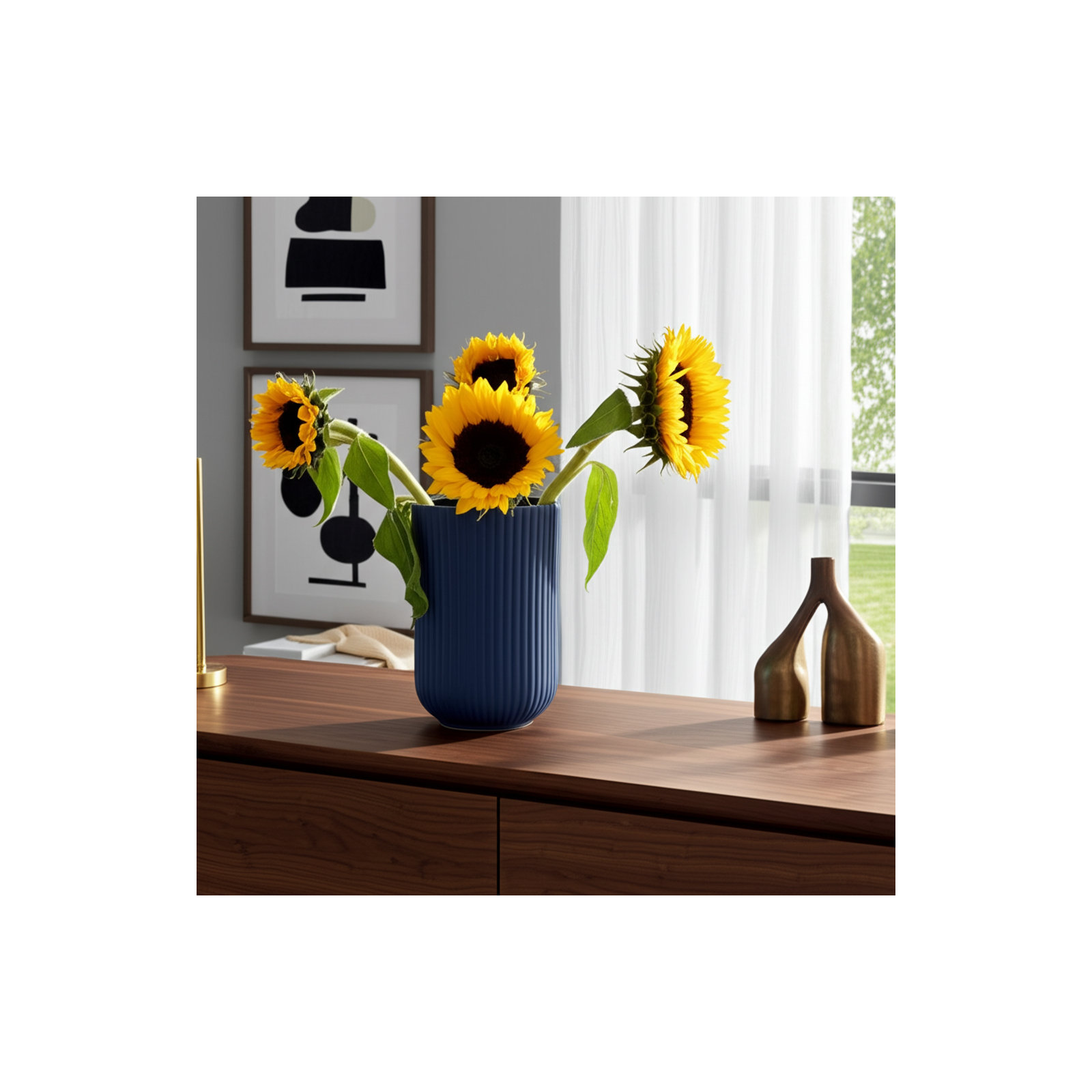 Sagebrook Home Zed Ceramic Ridged Vase Classic Decorative Vase for Home or Office Flower Display, 9" H x 5" W x 5" D