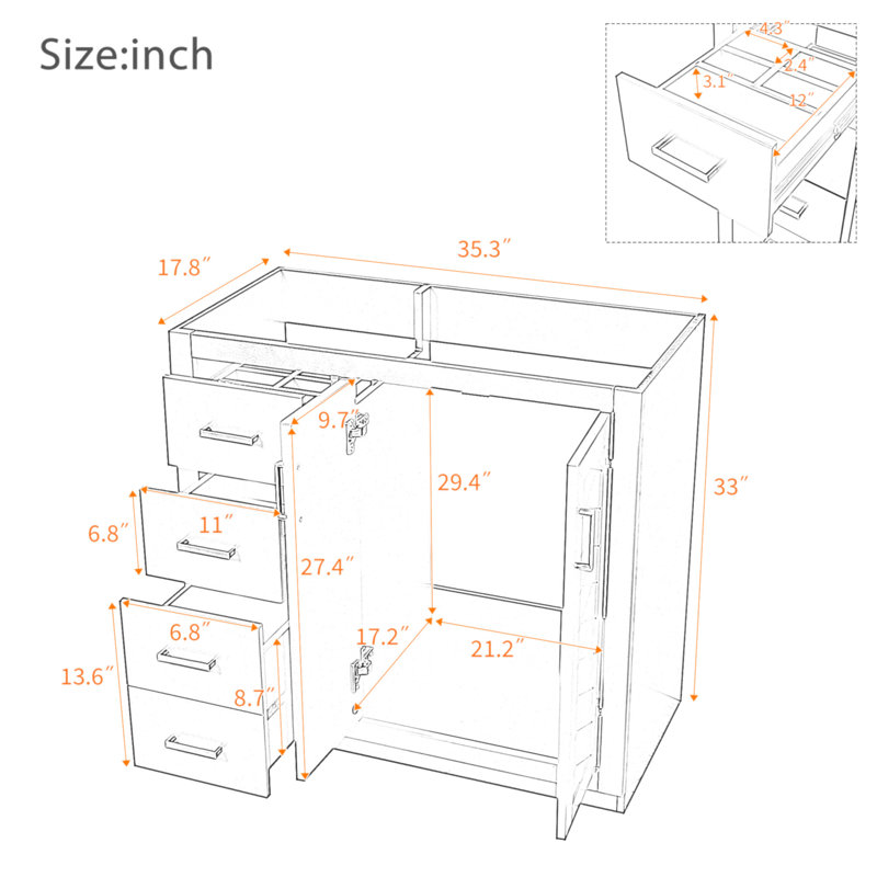 Ensemble de meuble-lavabo autoportant avec cadre en bois massif 36 po, 3 tiroirs et portes à fermeture douce, Blue