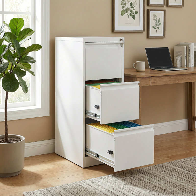 3-Drawer Vertical File Cabinet with Lock, Metal Storage Organizer for Home Office, Fits Letter A4 and Legal Size Files, White