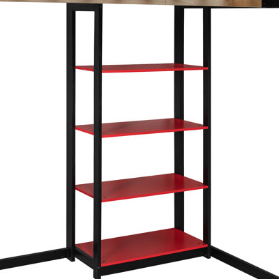 Lit mezzanine pleine grandeur avec bureau, étagères et station de recharge, en noir et rouge, pour une chambre confortable et bien organisée.