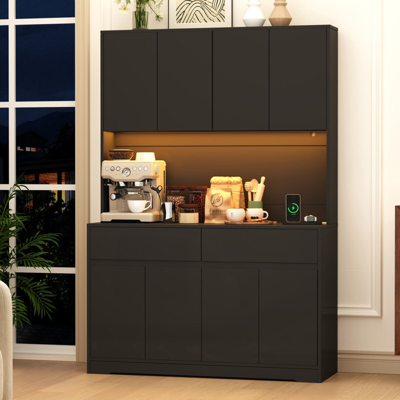 Armoire de rangement pour garde-manger de 71 po de hauteur avec prise de courant et lumière DEL, grande armoire de cuisine avec 2 tiroirs et 8 portes