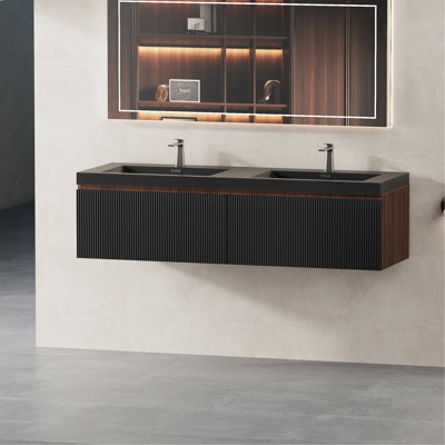 60'' Floating Bathroom Vanity With Sink Combo, Modern Wall-Mounted Striped Bathroom Storage Cabinet With Soft-Close Drawers And Double Quartz Sand Basins, Smoked Walnut