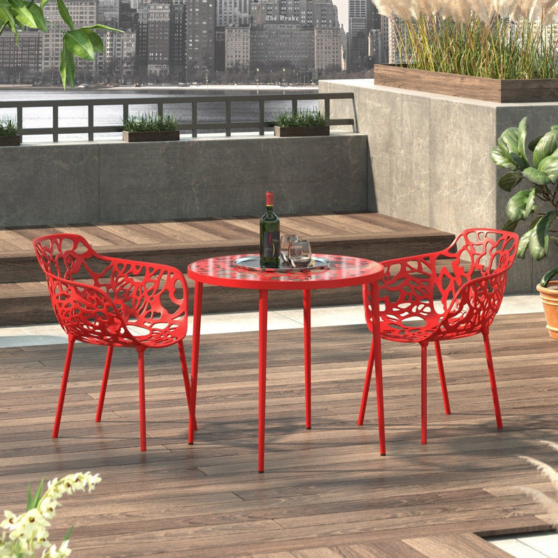 Holleman Mid-Century Modern 3-Piece Aluminum Outdoor Patio Set with Tempered Glass Top Table and 2 Stackable Flower Design Chairs for Patio, Poolside, Balcony, and Backyard Garden