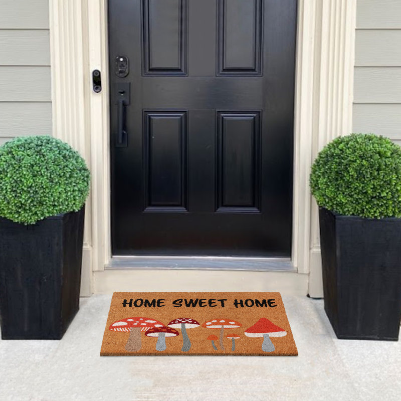 Natural Coco Coir Door Mat with PVC Backing, "Home Sweet Home Mushroom", 18"x30", Heavy-Duty Non-Slip Indoor/Outdoor