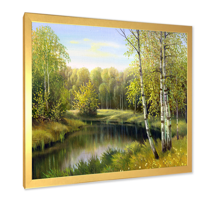 Birches by the River in Silent Green Nature - Peinture sur toile, H 30 po x l 30 po x P 1 po, Cadre doré