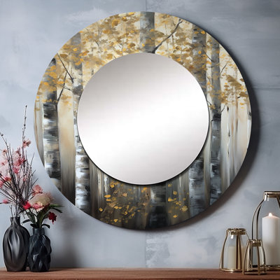 Porche bouleau forêt Wonderland V - arbre unique miroir, grand miroir mural rond moderne, art imprimé en métal