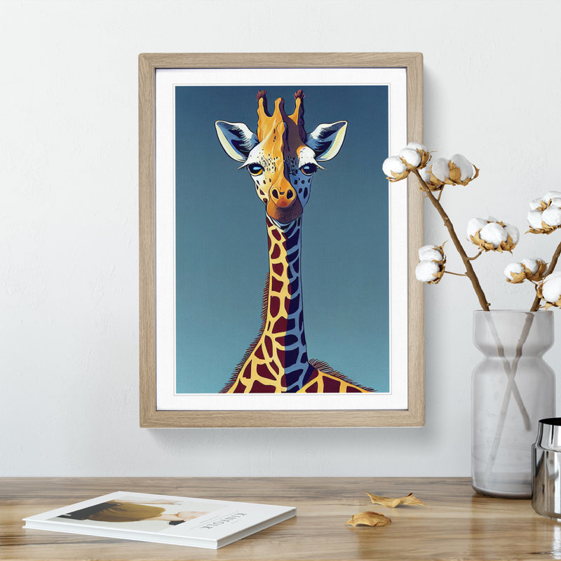 Giraffe Cartoon - Wall Art, 34cm H x 25cm W x 2cm D, Oak Framed