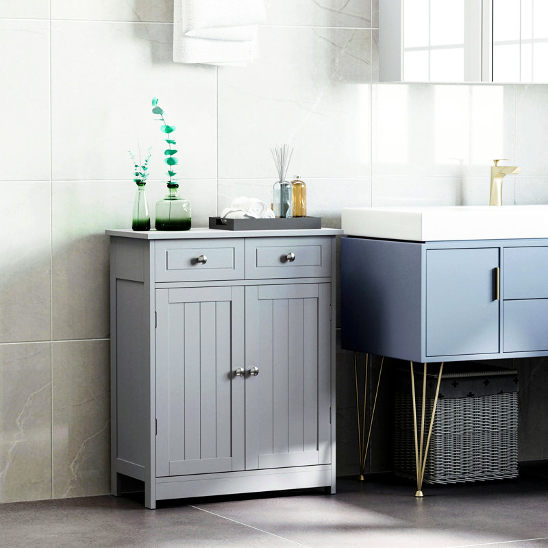 Armoire de salle de bain grise, 2 portes, tiroirs et tablette réglable, rangement autoportant, matériau, eau, espace supplémentaire pour les serviettes et les produits d'hygiène quotidienne, plancher gris, portes avec rangement