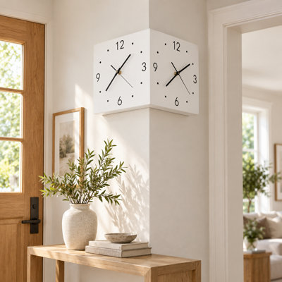 Horloge murale d'angle double face avec éclairage activé par le son, ultra-silencieuse (moins de 20 dB), blanche
