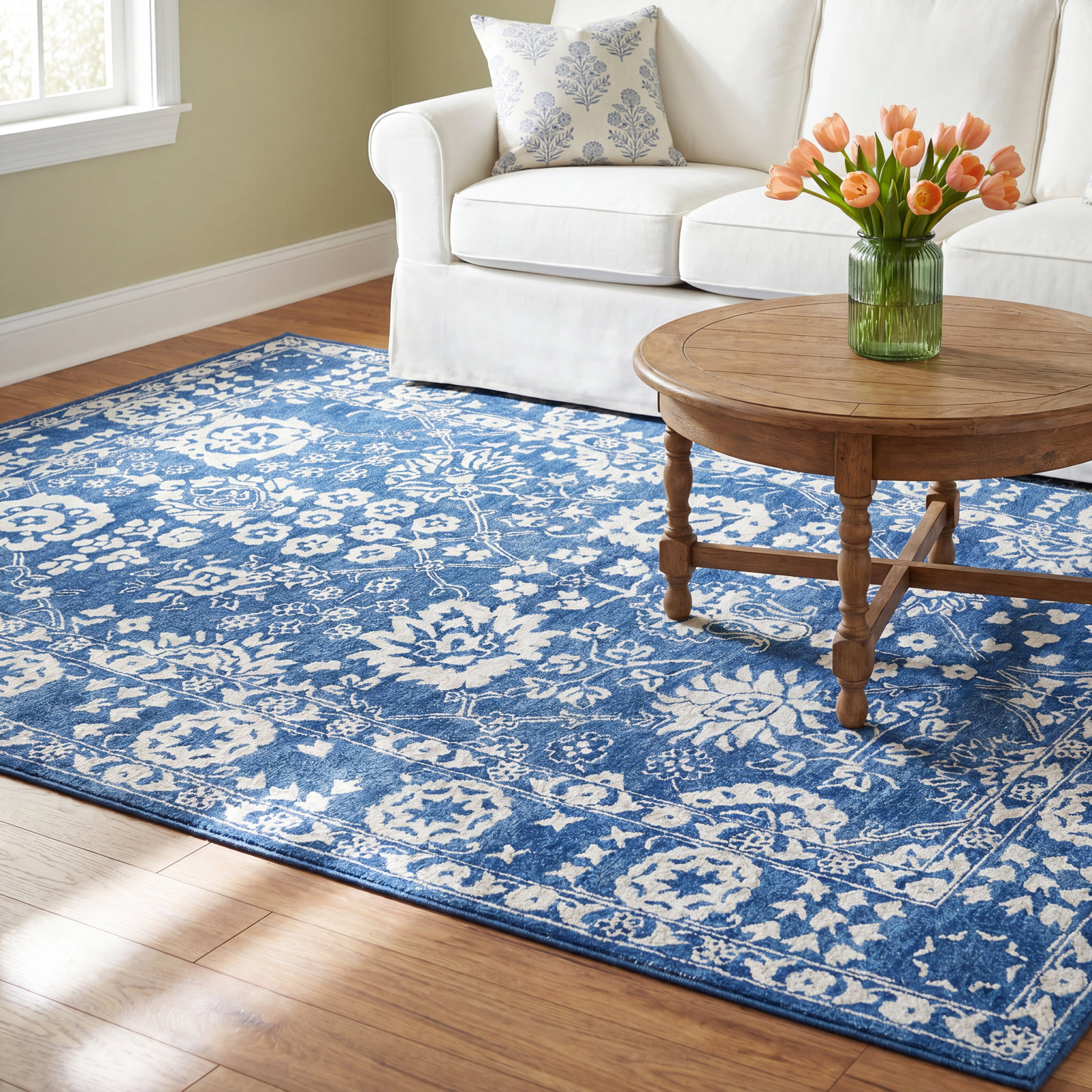 Cece Blue White Hand-Tufted Wool Oriental Rug, Rectangle 7'6" x 9'6"
