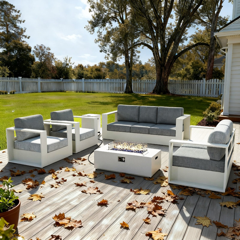 Modern Outdoor Aluminum 4-piece Conversation Set With Firepit Table, Gray Cushion/White Frame