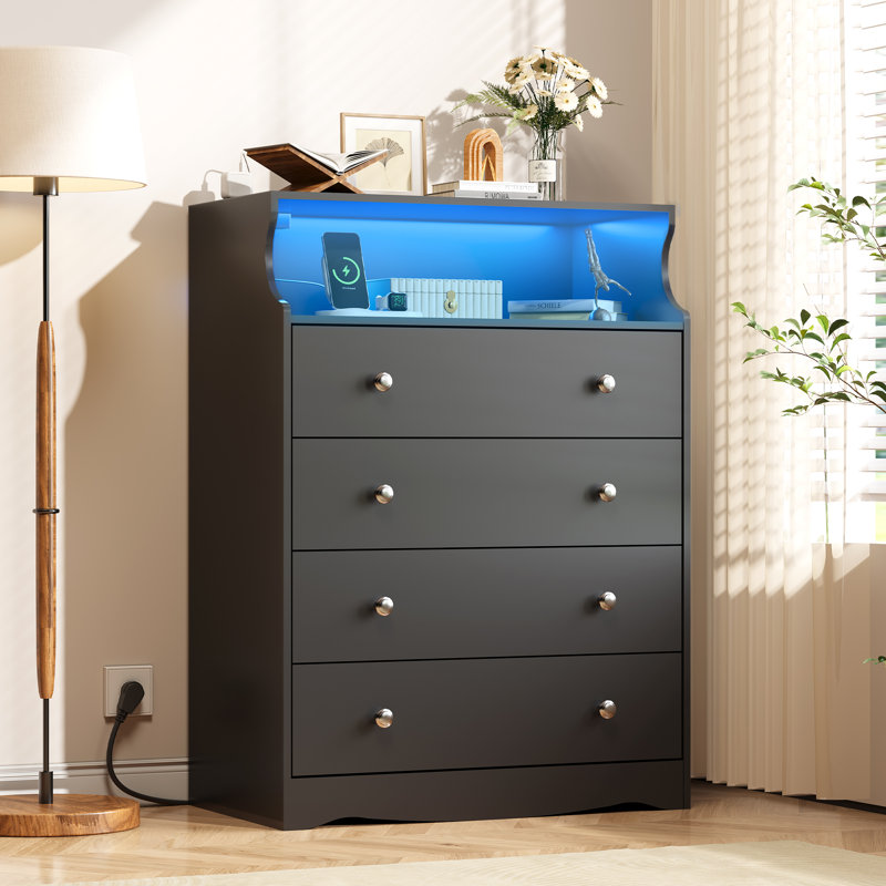 Grantville 38'' Tall 4-Drawer Dresser with Charging Station and LED Lights for Bedroom, Dark Black Wooden Dresser with Open Storage, Chest of Drawers for Living Room, Hallway, Closet