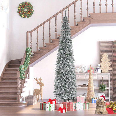9' Tall Unlit Snow-Flocked Slim Artificial Christmas Tree With Realistic Branches And 1014 Tips