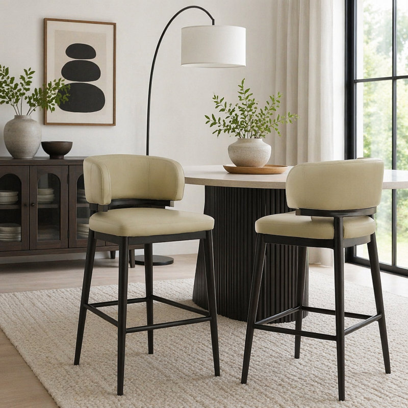 Ensemble de 2 tabourets de bar à structure en métal avec sièges en cuir, Kaki