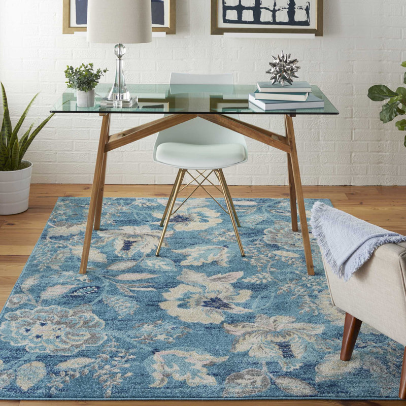 Tapis floral bleu / ivoire Leeming, Rectangle 5 pi 3 po x 7 pi 3 po