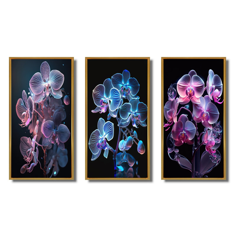 «Blooming Orchid In Fluorescent Mauve and Blue», 3 pièces sur toile, Or, H 28 po x l 36 po