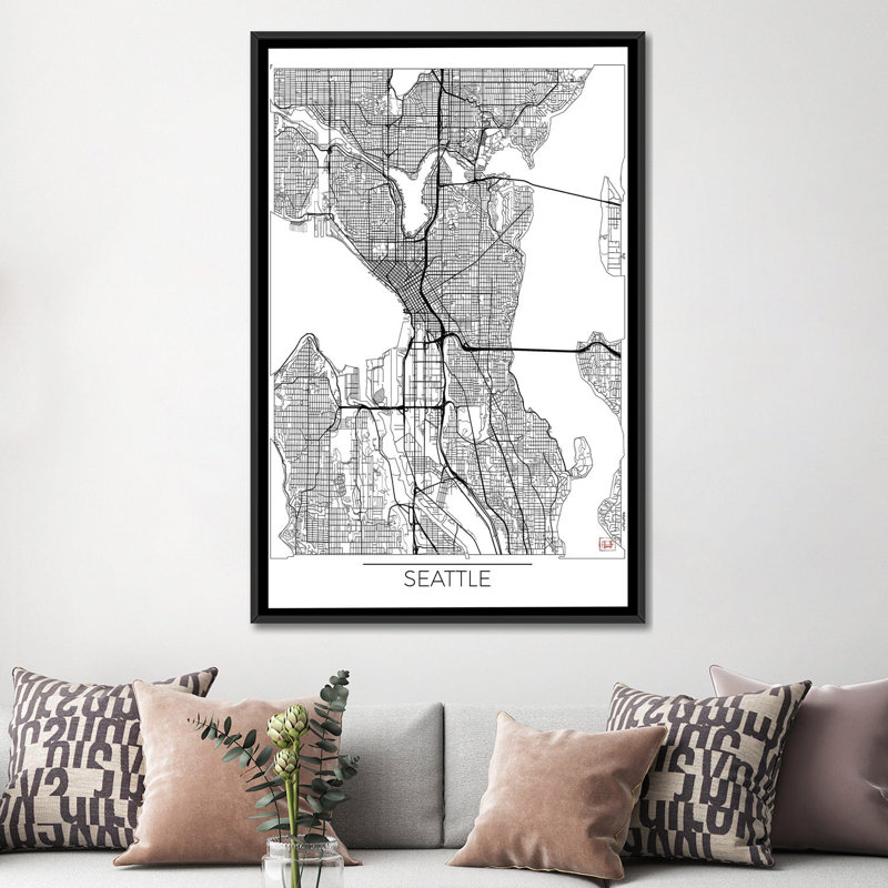 «Seattle Minimal Urban Blueprint Map», impression sur toile, H 26 po x l 18 po x P 1,5 po, Toile encadrée noire, Pas de tapis