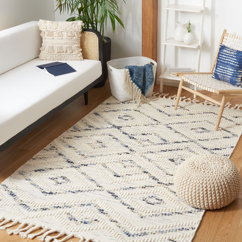 Tapis géométrique bleu / ivoire en laine / jute tissé à la main Honesdale, Rectangle 8 pi x 10 pi