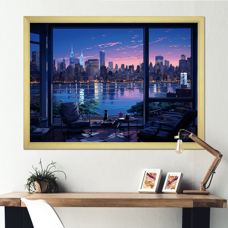 «Blue NYC at Night Window View III - New York City», art sur toile, Cadre doré à coins fermés, H 24 po x l 32 po x P 1 po