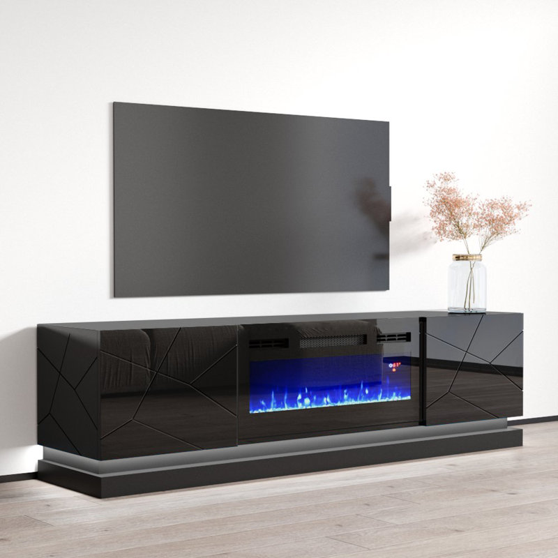 70.9" Modern TV Stand with Electric Fireplace, High Gloss Finish, Media Storage, Black
