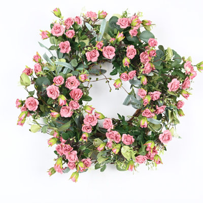 22" Artificial Farmhouse Spring Summer Blossoms Cluster Foliage Rose Floral Wreath For Front Door