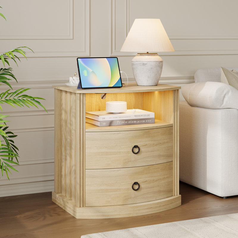 2 - Drawer Curved Nightstand With USB & Type-C Ports And Led Lighting, Storage Cabinet For Bedroom Or Living Room, Oak