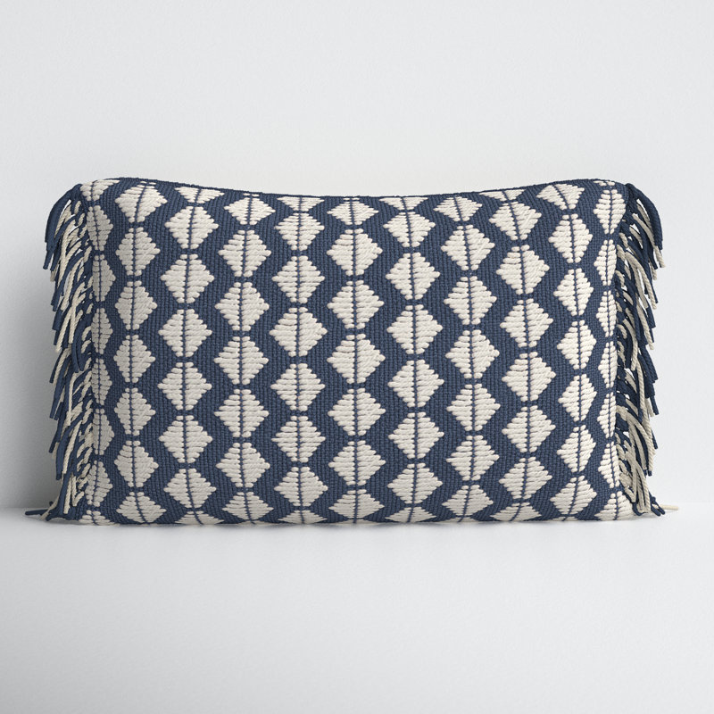 Dark Blue and Ivory Rectangular Polyester Tassel Throw Pillow